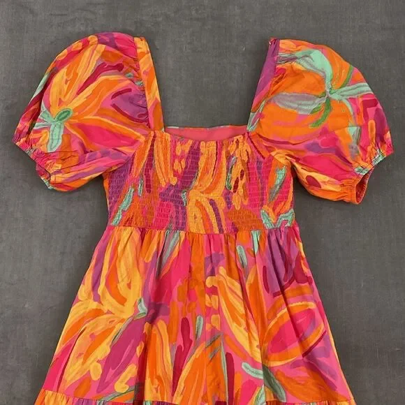 Crystal Sky Brush Pink Floral Tiered Puff Short Sleeve Cotton Midi Dress Size M - Picture 4 of 11